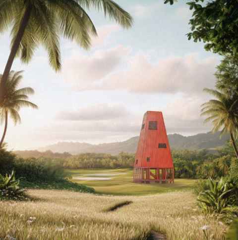 Olo Matamata, a bold red tower functions as both a seed bank and a lookout post.