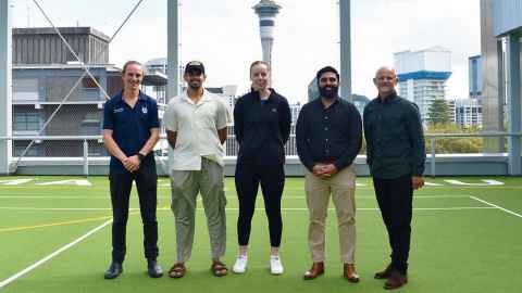 Toby Batchelor, Adi Ashok, Bree Illing, Black Cap Ajaz Patel, Sean Smith on Hiwa's rooftop tennis court