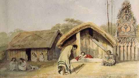 Richard Aldworth Oliver's painting of Māori structures in Motueka between 1847 to 1851.