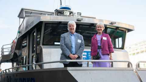 Dr Beate Schuler with Professor Simon Thrush at the launch of the University's marine science research vessel, Te Kaihōpara. 