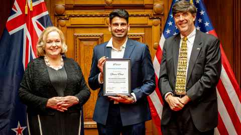 Shivam Desai with Space Minister Judith Collins and David Gehrenbeck from the US Embassy.