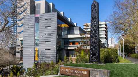 Image of the pou and University of Auckland sign outside the engineering school Image of the pou and University of Auckland sign outside the engineering school