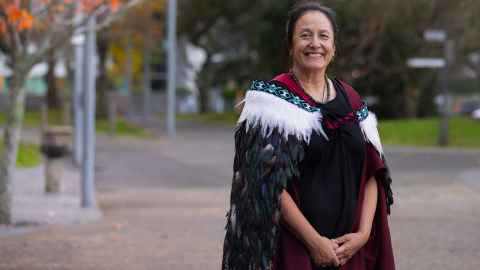 Professor Matire Harwood wearing a korowai.