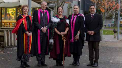 Proud colleagues Professor Susan Wells, Professor Warwick Bagg and Professor Papaarangi Reid with Professor Matire Harwood, centre, and Dr Julian Wilcox, Matire's cousin.