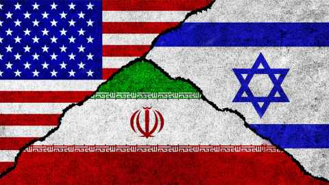 Part of flags of Iran, US and Israel, against a textured background 