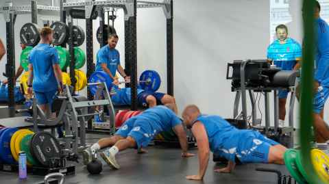 Working out in the weights area of Hiwa.