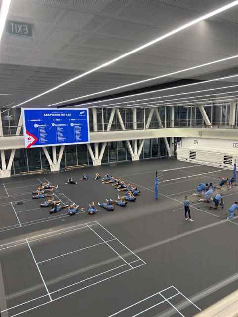French team in Sports Hall 2 getting over their jetlag. 