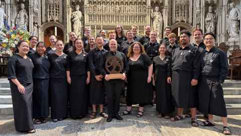 All the UoA students and alumni who were part of the world-beating choir, pictured with Morag Atchison and David Squire at St Albans Cathedral. All the UoA students and alumni who were part of the world-beating choir, pictured with Morag Atchison and David Squire at St Albans Cathedral.