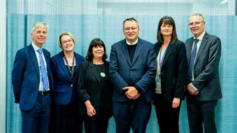 From left: Professor Frank Bloomfield, Dr Erin Cawston, Professor Lynne Tippet, Science, Minister Hon Dr Shane Reti, Dr Catherine Morgan and Professor Warwick Bagg , Dean of the Faculty of Medical and Health Sciences.. Photo: William Chea 