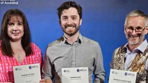 Three Minute Thesis winners Rebecca O'Leary, Noah Bunkley and Ross Millar.