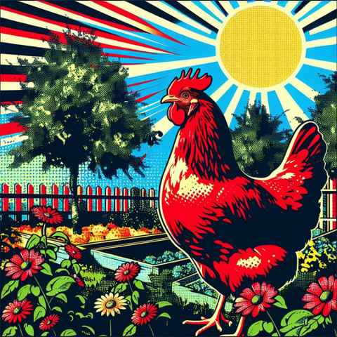 Microsoft Co-Pilot and prompt: 'Red chicken in a garden, trees and flowers in the background, sun shining in the style of Roy Lichtenstein.'