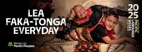 Social media banner from Ministry for Pacific Peoples. Lea Faka-Tonga Everyday. An old woman and a young boy in traditional dress on a woven mat.