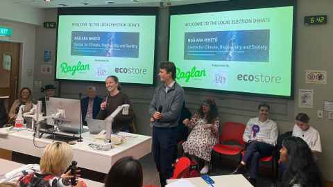 Jasmine Setchell, of the Sustainable Futures Collective, speaks at a local election panel held on the University of Auckland’s campus in September where students put sustainability at the forefront of the political agenda.