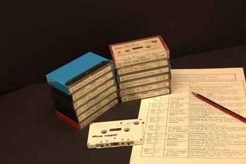 Image shows tapes of Dame Whina Cooper and other recordings that are part of the exhibition