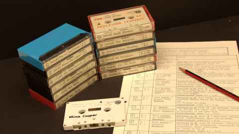 Image shows tapes of Dame Whina Cooper and other recordings that are part of the exhibition