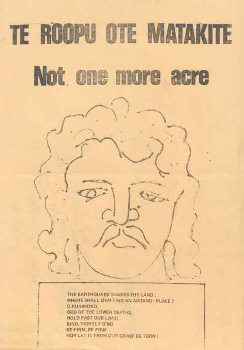 Te Roopu o te Matakite flyer which reads 'not one more acre'