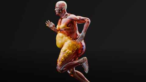 Stylised naked obese man running with his insides partially visible