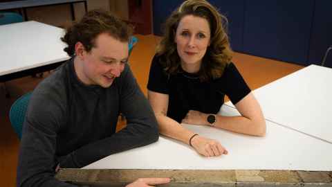 Associate Professor Lorna Strachan and PhD student Anthony Shorrock, pictured with a core sample, 