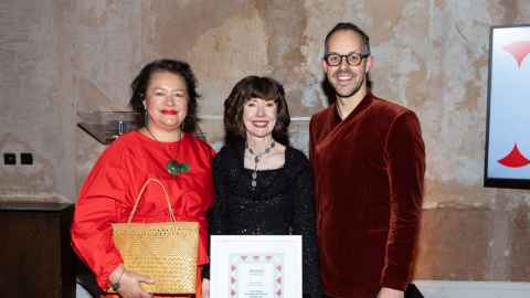Professors Ngarino Ellis and Deidre Brown with Apollo Magazine editor Edward Behrens, in London on 20 November accepting their award for 2025 Best Book of the Year