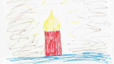 Child-like drawing of a large red candle with a yellow flame.