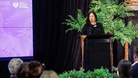 Pro- Vice Cjhancellor Māori Professor Te Kawehau Hoskins introduces the inaugural Te Pae Huinga Manu, Māori research showcase.