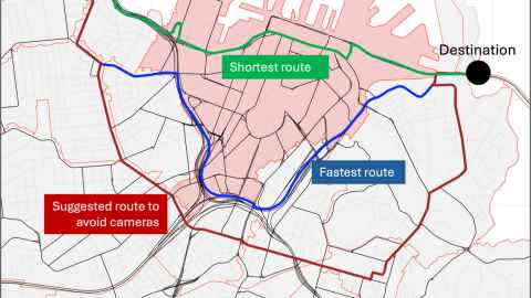Three route-choice behaviours under congestion pricing: the fastest path (blue) stays on the motorway, the shortest path (green) cuts through the CBD, and the ‘camera-avoid’ route (red) diverts around charging points. Graphic: Hyesop Shin.