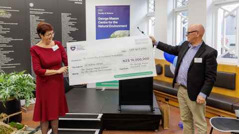 Chancellor Cecilia Tarrant with Chair of the George Mason Charitable Trust Barry Upson celebrating the $10m gift to the University for environmental research.