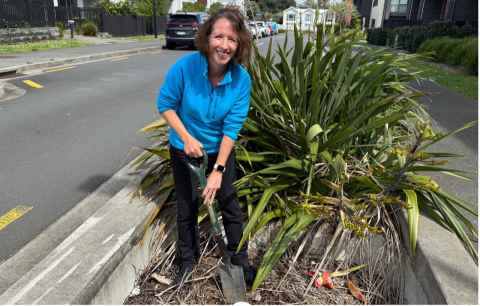 Sue Ira is pictured on a suburban street, digging in a small plot that is surrounded by concrete. 
