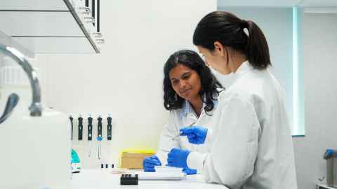 Archaeology PhD student Patricia Pillay with senior lab technician Natalie Remedios in the new archaeology lab in B201 on City Campus. Photo: William Chea