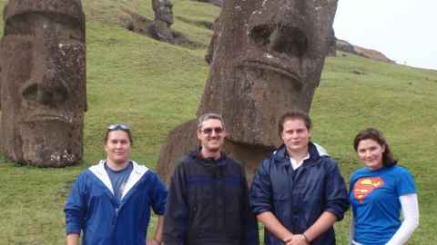 Professor Thegn Ladefoged with students on Rapa Nui (Easter Island) standing in front of large stone statues.