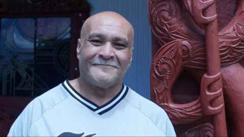 Fred Harrison has restored carvings he helped his father carve for James Henare Research Centre more than 30 years ago. Photo: Rose Davis.