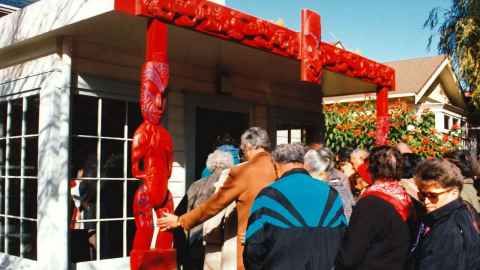 The entrance to James Henare Research Centre was adorned with carvings for its official opening in 1994.