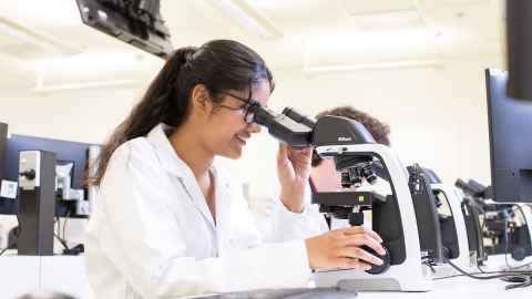 Biomed students looking through microscope