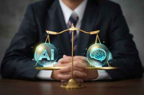 Scales, with one pan weighing image of AI, the other weighing image of brain