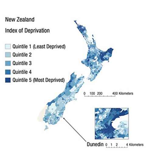 Map showing the 'New Zealand Index of Deprivation' with the darkest colours indicating more deprived areas.