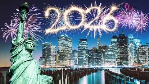 Image of statue of Liberty, surrounded by fireworks marking 250th 