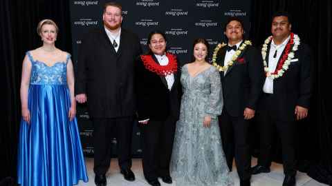 Finalists of the 2026 Kiri Te Kanawa Song Quest, L-R: Cecily Shaw, Samuel Downes, Samuel Mataele, Sarah Mileham,  Jordan Fonoti-Fuimaono, Faamanu Fonoti-Fuimaono. 