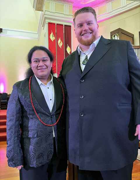 Kiri Te Kanawa Song Quest winner Samuel Mataele, a University of Auckland Bachelor of Music student, with Samuel Downes, who was placed third.