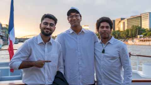 Team MNM in Paris, from left to right: Maadhav Arora, Mihir Ojas Rallapudi and Nathaniel Brown.
