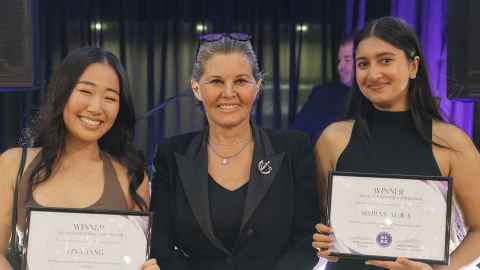 Lina Jang and Simran Aujla with the Honourable Justice Chrissa Loukas-Karlsson.