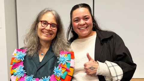 Professor Leah F. Vosko  and graduate student Evalesi Tu’inukuafe after the Hood Lecture in June.
