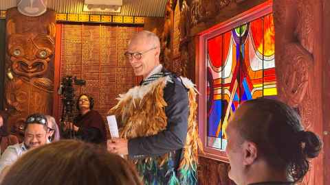 Professor Nic Smith delivers his maiden kōrero at his pōwhiri at Waipapa Marae.