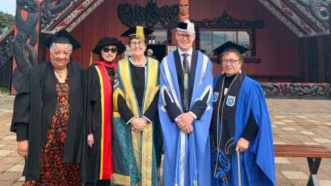 Vice-Chancellor Professor Nic Smith and Chancellor Cecilia Tarrant with University Kaikaranga, Whaea Erana Poulsen (Medical and Health Sciences), Whaea Tauehe Tamati (Arts and Education), and Whaea Dolly Paul (Medical and Health Sciences).