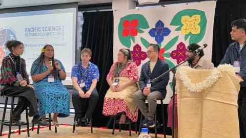Talanoa with session three presenters (L-R: Tiama Bradley, Zarya Poulava, Zach Knill, Dr Sarah Kapeli, Jeremy Ethan Ibrahim, Jesse Fia’ali’i, Steve Leilua)