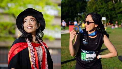 Annisa Hasanah composite. left image is at graduation, right is at a half marathon