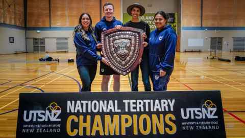 Left to right, Sport development manager Albertine Eaton, team manager Jake McRae,  Performance Team Lead Alexis Pritchard and team manager  Alaimalo Mataafa with the shield.