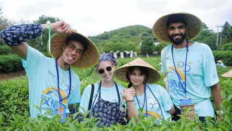 Four young people wearing blue t-shirts and traditional Chinese sun hats in a rice paddy field up to their waists.