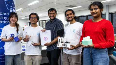 Holding artificial heart prototypes and reports are (left to right) Jennifer Zeng, Jerry Chuang, Nathan Phillipiah, Tharusha Perera, and Shivani Arivuchelvan. Photo: William Chea.