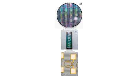 The top image shows a wafer on which many photonic chips have been mass-manufactured. The bottom two images show different levels of zoom, with the bottommost image showing a single device in which a comb is generated.