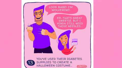An image of a man with needles sticking out of his fingers, in the style of Wolverine, and the woman beside him needing her needles back.
